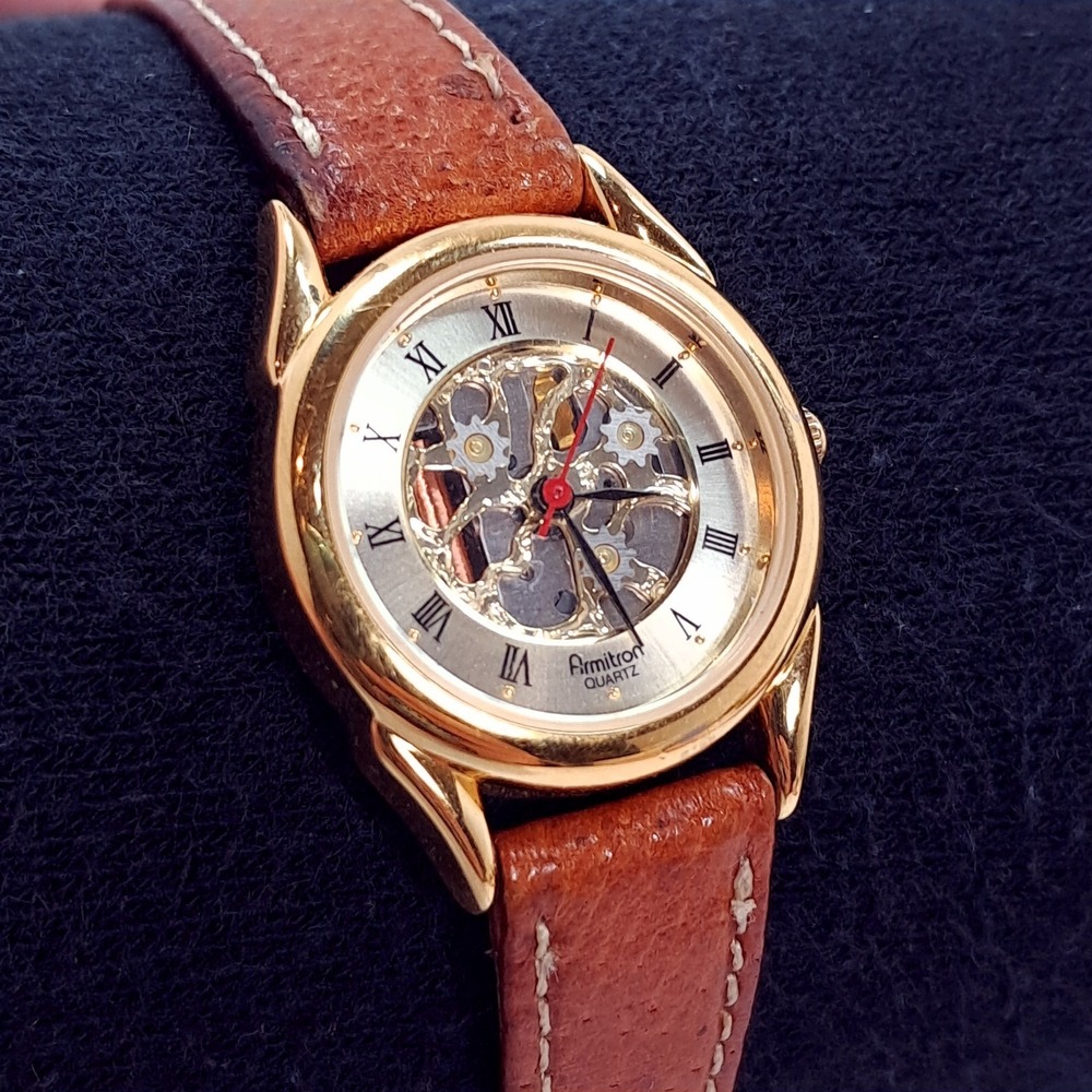 Armitron 25/4966F Skeleton Women Watch Genuine leather camel brown gold Quartz
